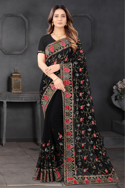 Black Colour Georgette Embroidery Saree