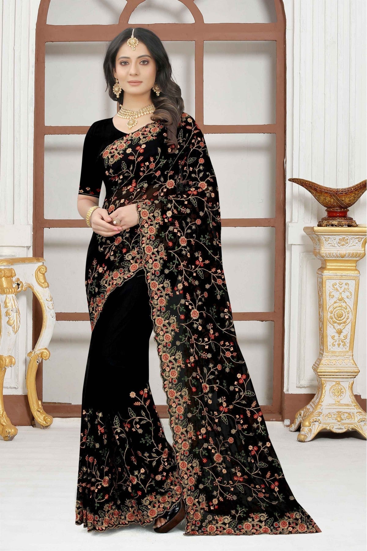 Black Colour Georgette Embroidery Saree