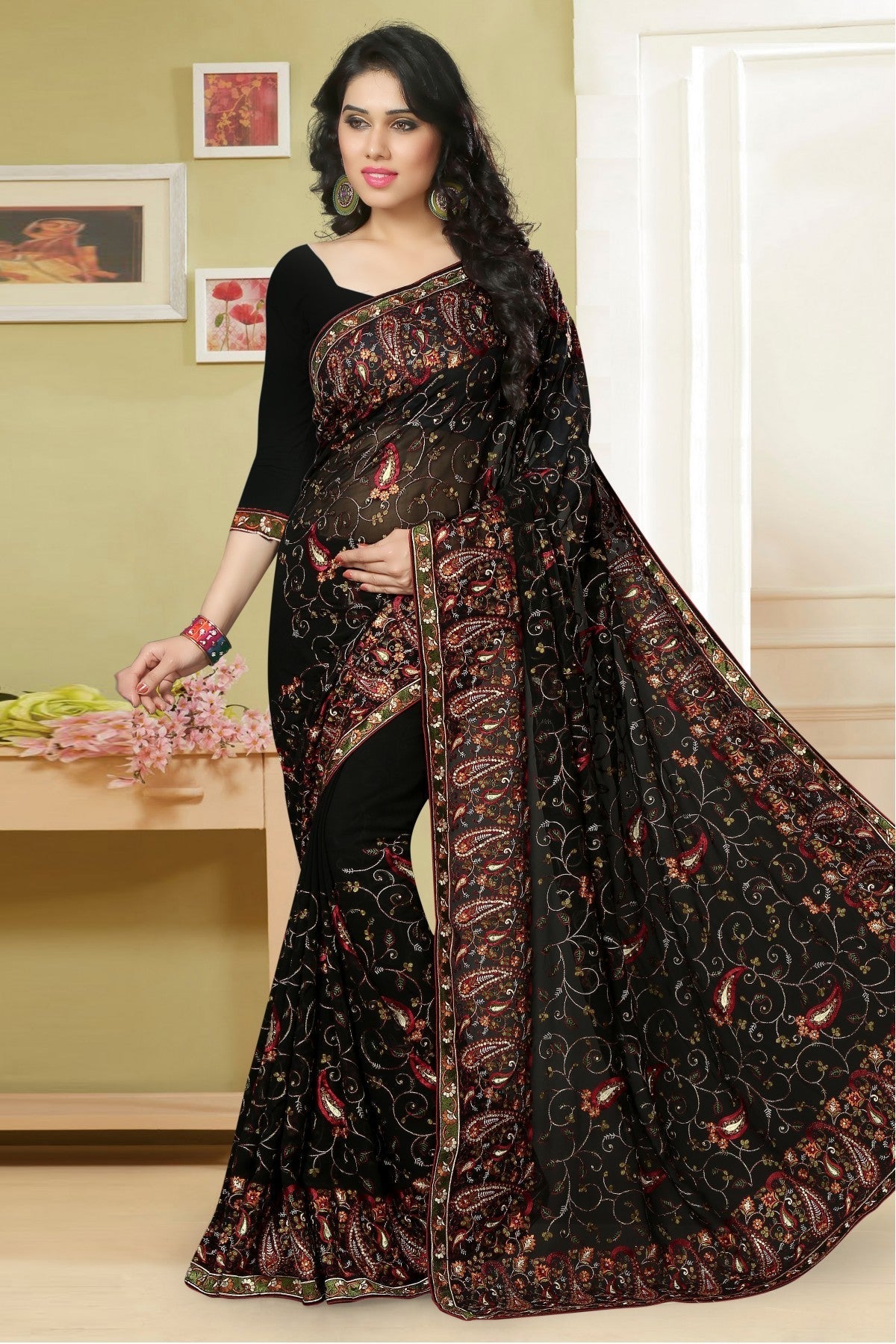 Black Colour Georgette Embroidery Saree