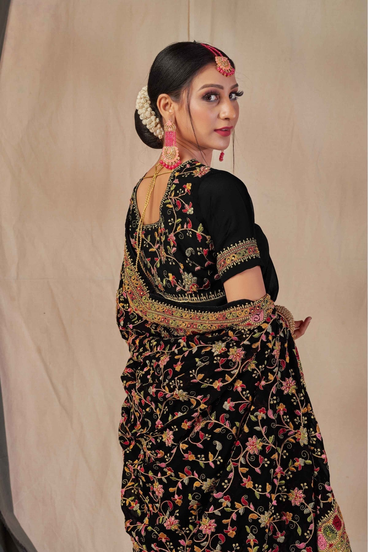 Black Colour Georgette Embroidery Saree