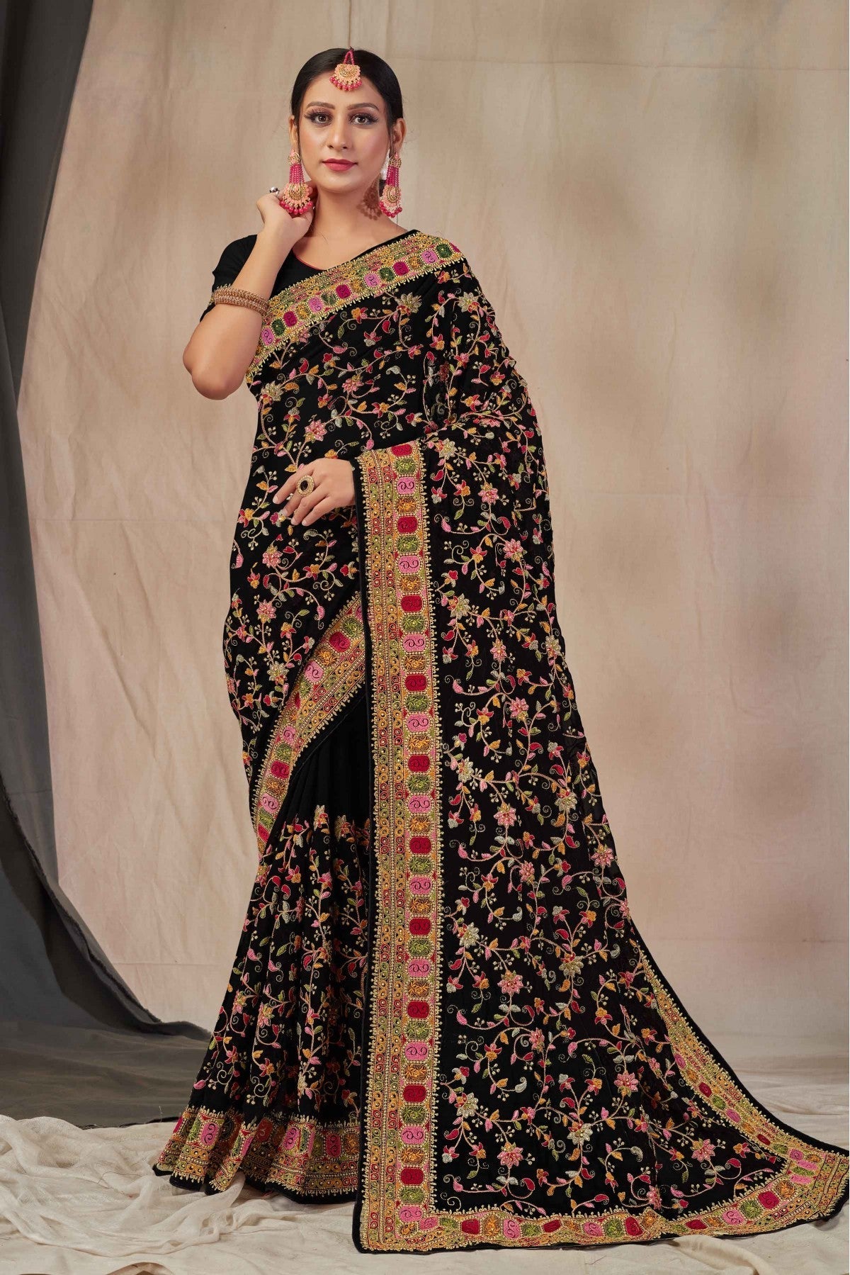 Black Colour Georgette Embroidery Saree