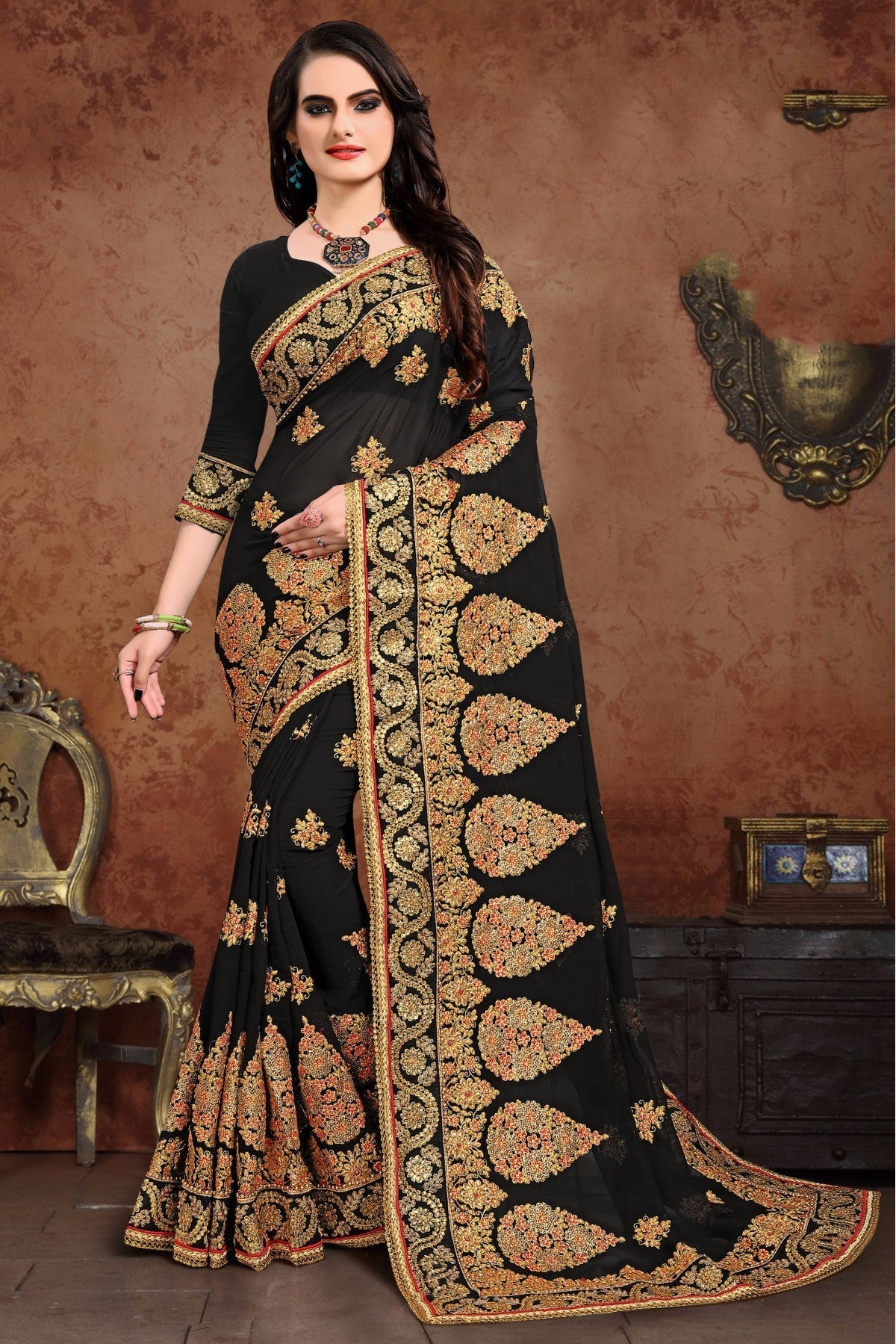 Black Colour Gerogette Designer Saree