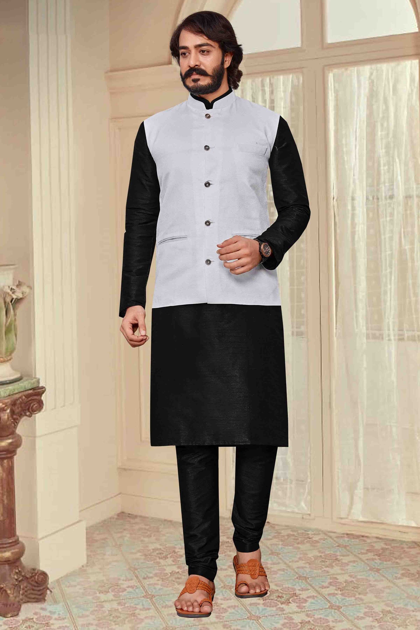 Black Colour Kurta Pajama With Jacket In Art Silk