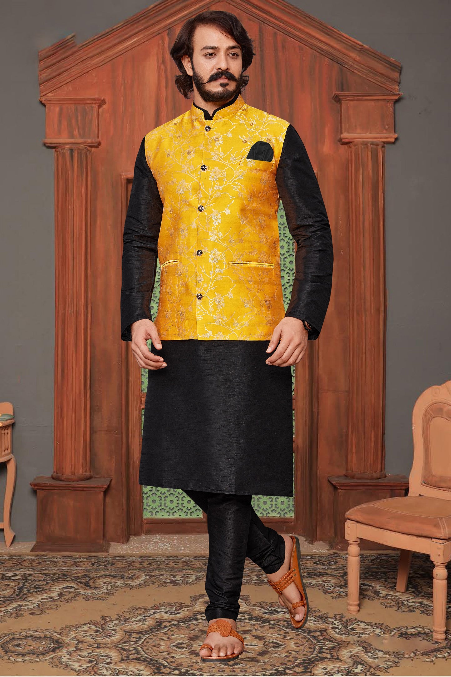 Black Colour Kurta Pajama With Jacket In Art Silk