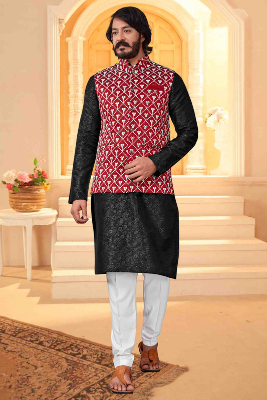 Black Colour Kurta Pajama With Jacket In Art Silk