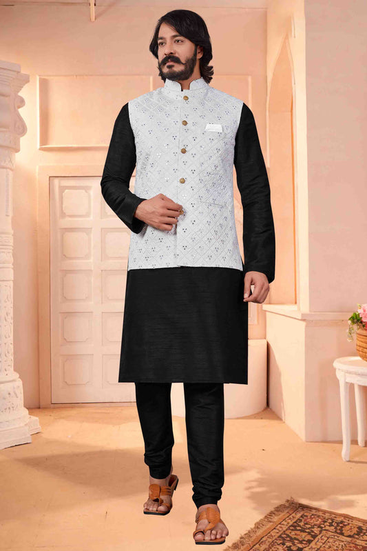 Black Colour Kurta Pajama With Jacket In Art Silk