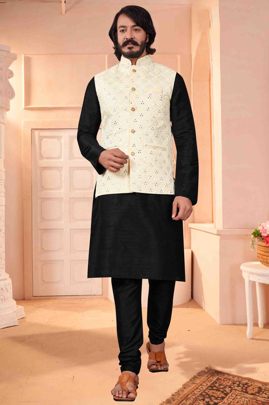 Black Colour Kurta Pajama With Jacket In Art Silk