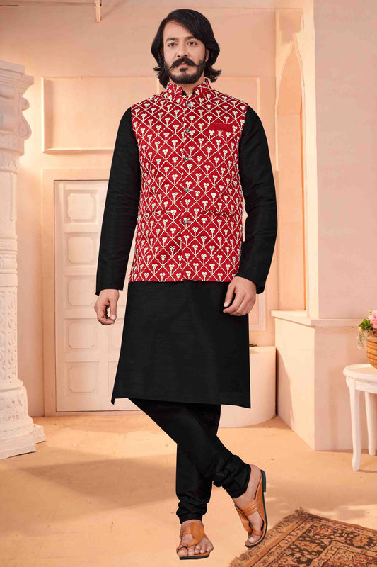 Black Colour Kurta Pajama With Jacket In Art Silk