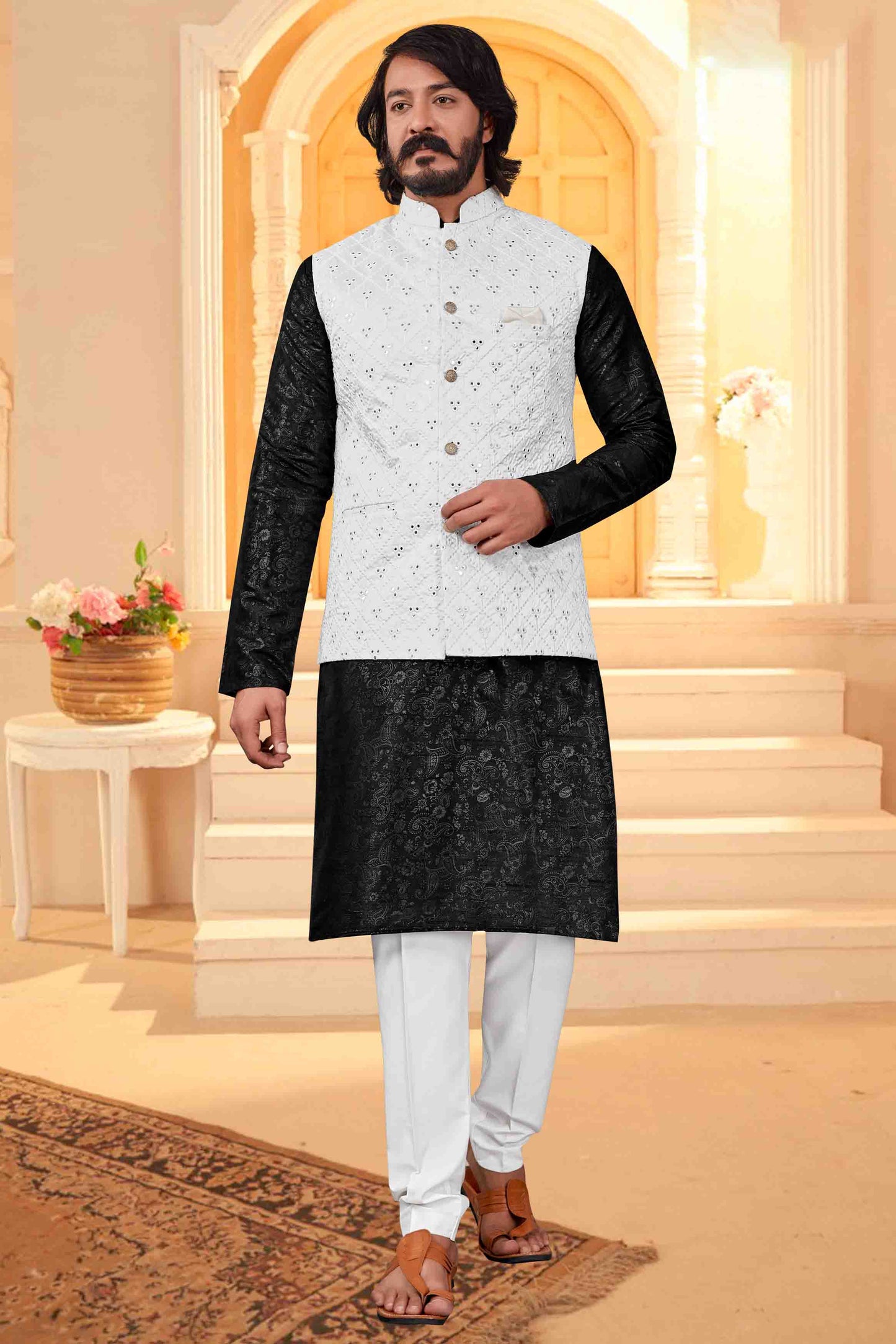 Black Colour Kurta Pajama With Jacket In Art Silk