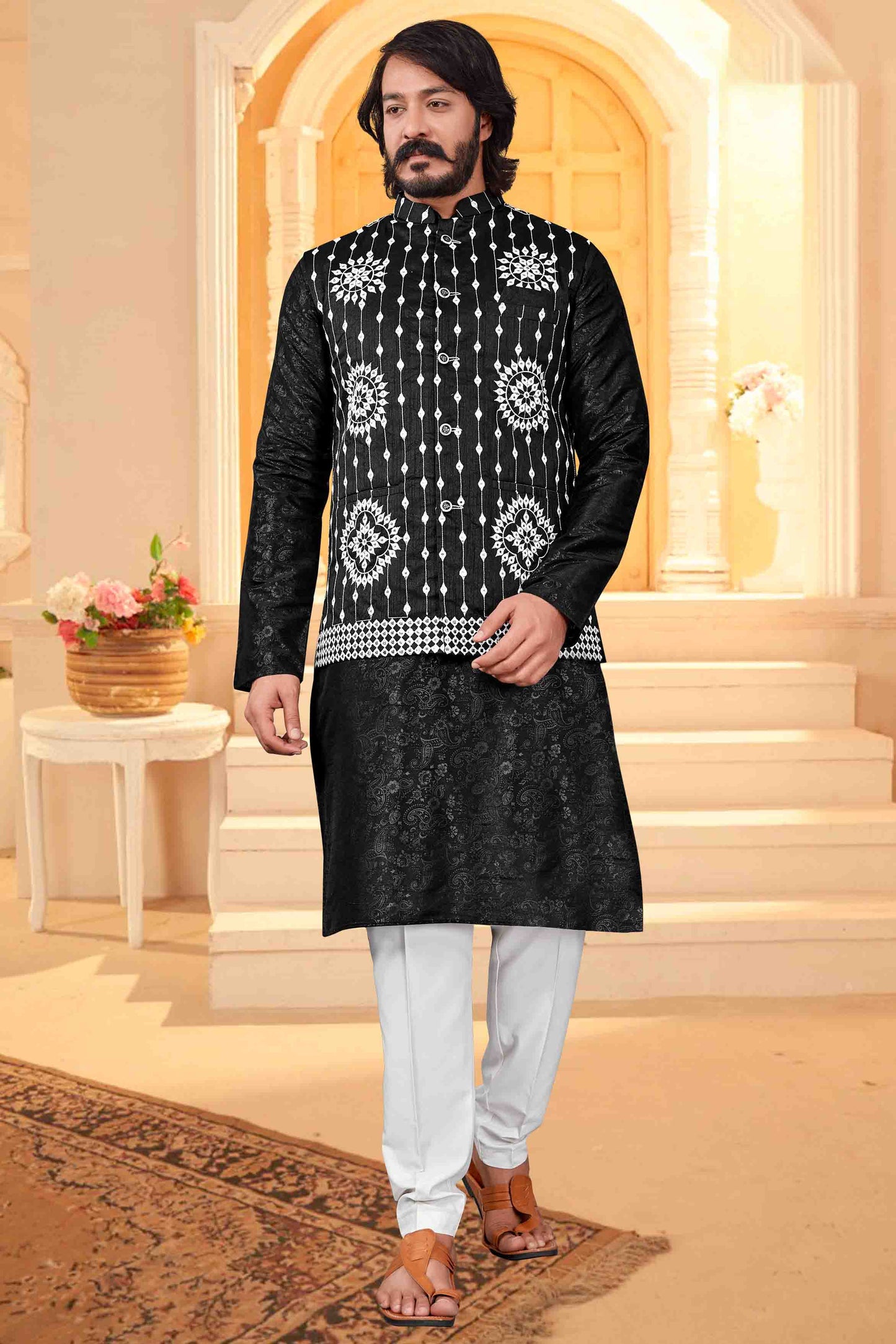 Black Colour Kurta Pajama With Jacket In Art Silk