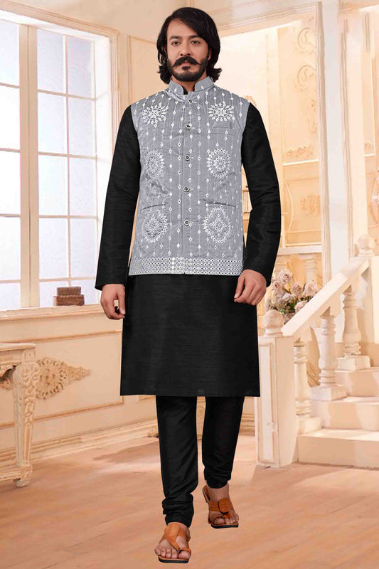 Black Colour Kurta Pajama With Jacket In Art Silk