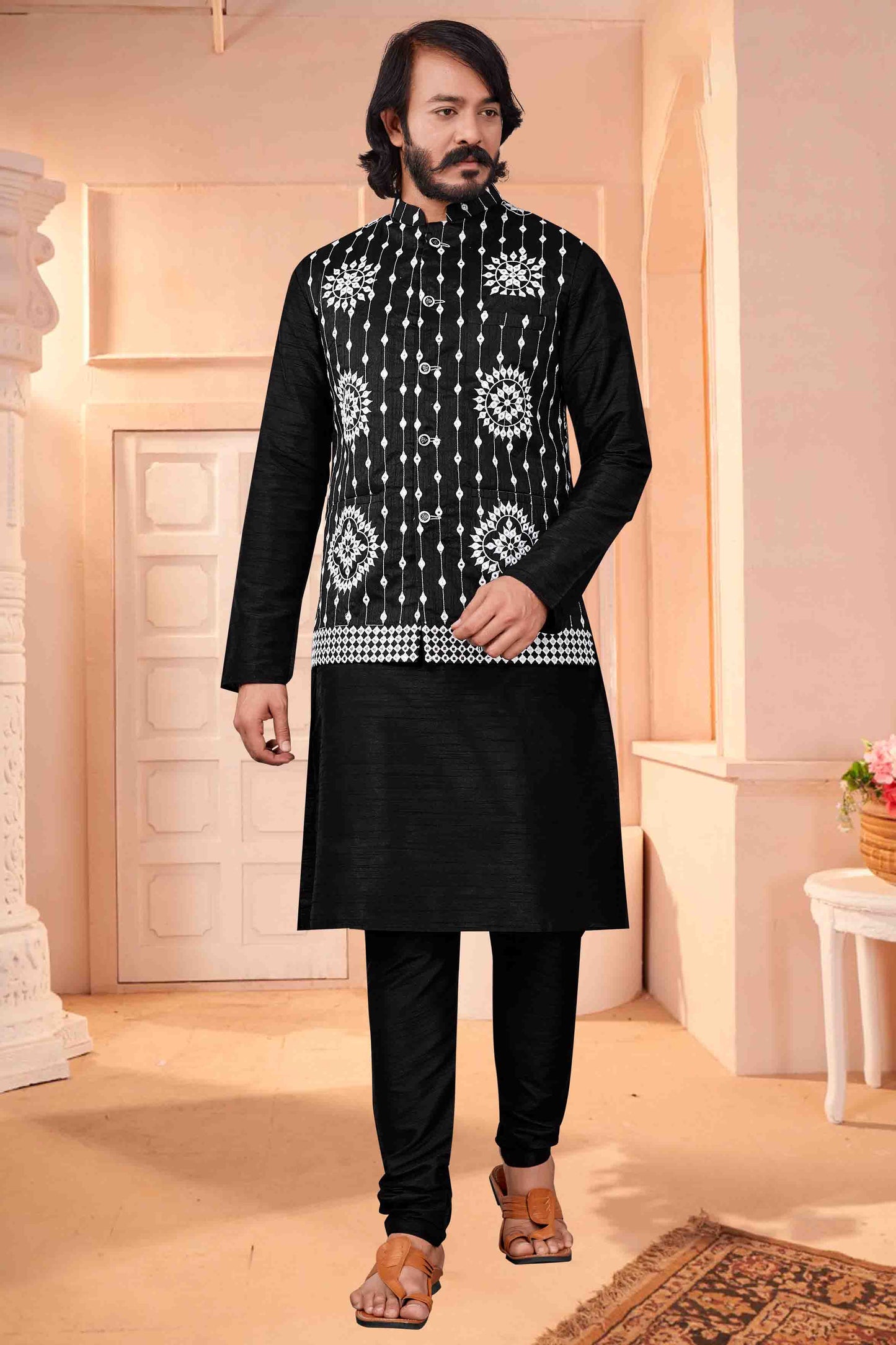 Black Colour Kurta Pajama With Jacket In Art Silk