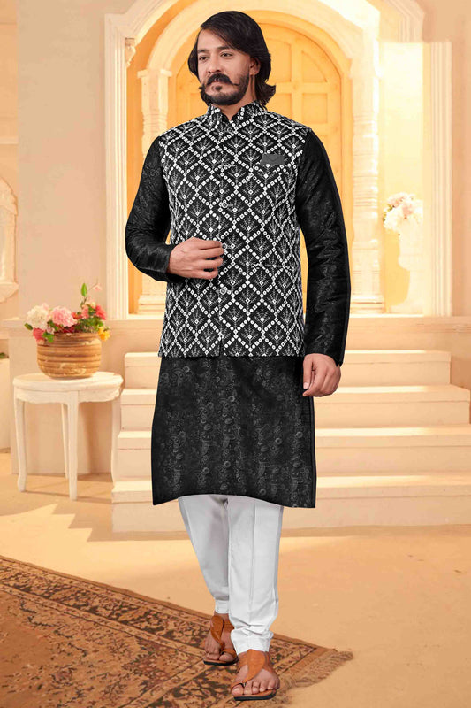 Black Colour Kurta Pajama With Jacket In Art Silk