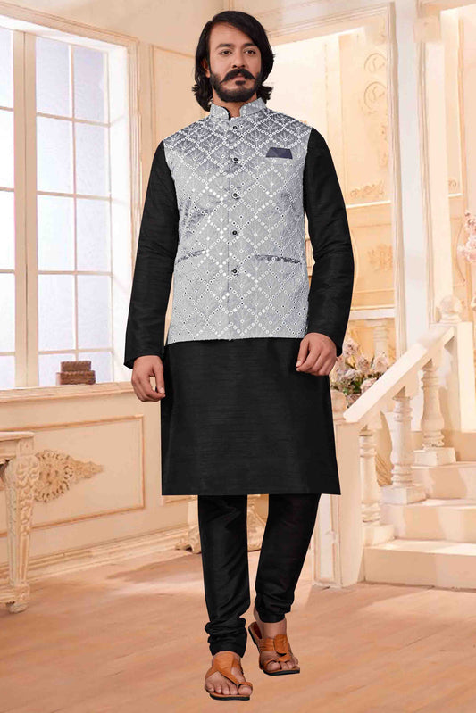 Black Colour Kurta Pajama With Jacket In Art Silk