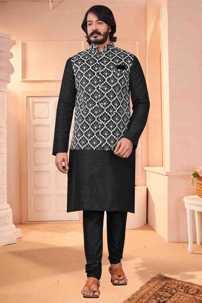 Black Colour Kurta Pajama With Jacket In Art Silk