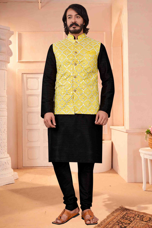 Black Colour Kurta Pajama With Jacket In Art Silk