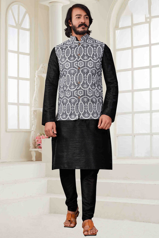 Black Colour Kurta Pajama With Jacket In Art Silk