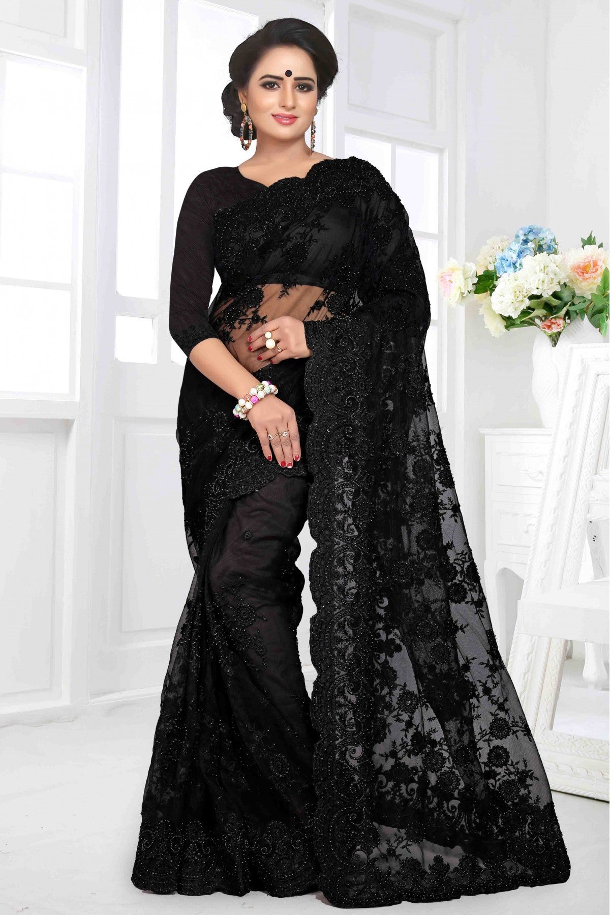 Black Colour Net Designer Saree