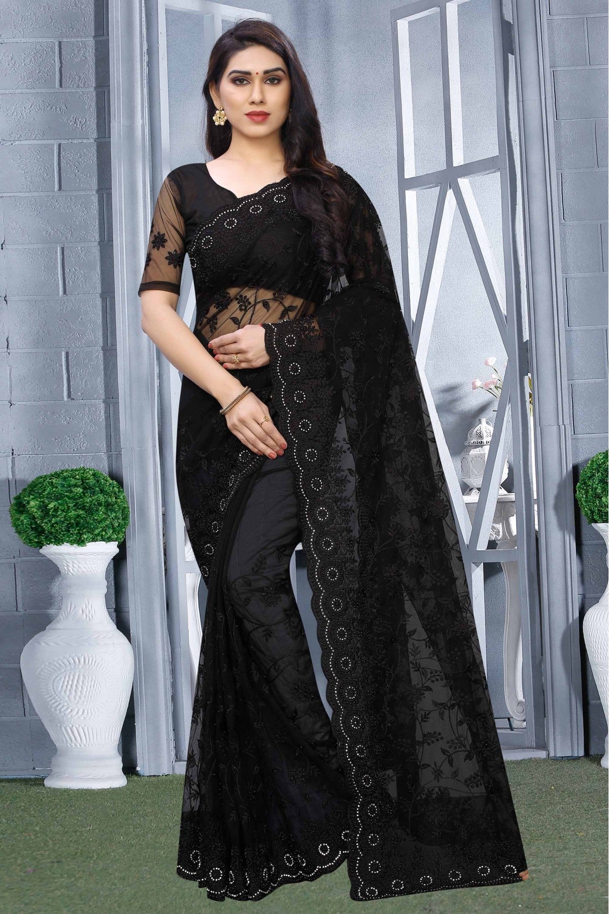 Black Colour Net Designer Saree