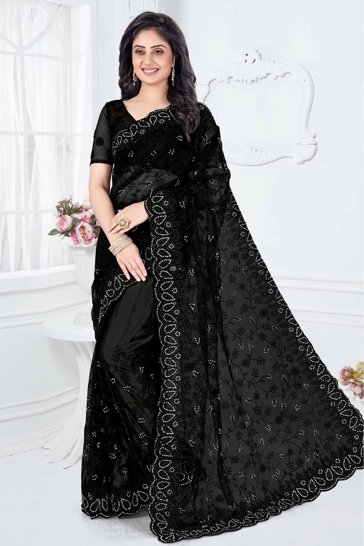 Black Colour Net Designer Saree