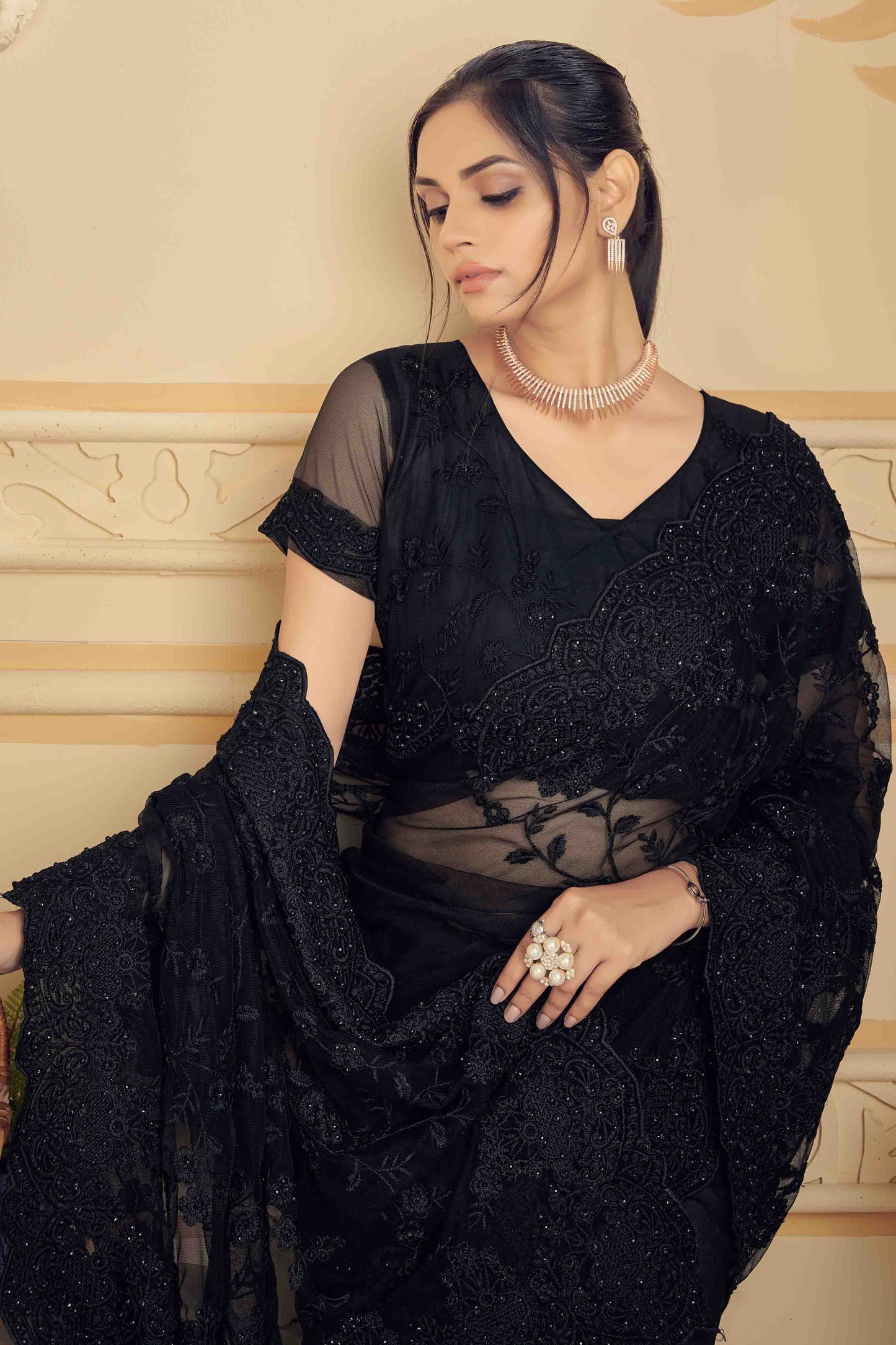 Black Colour Net Designer Saree