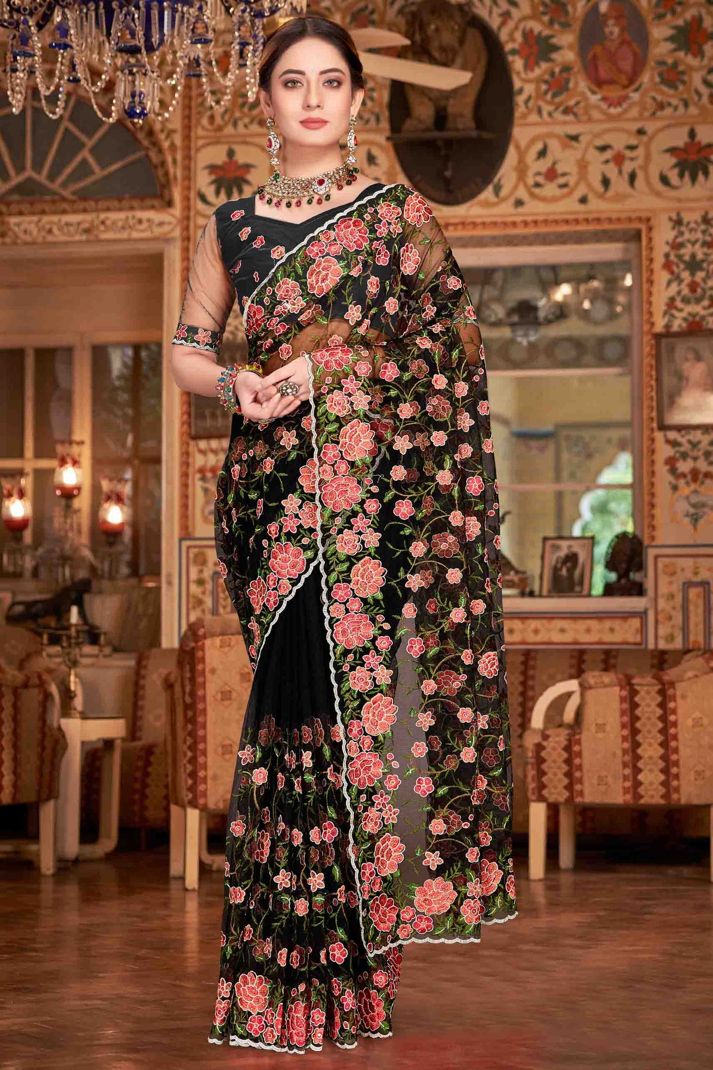 Black Colour Net Designer Saree