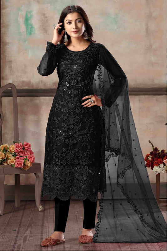 Black Colour Net Embroidery Pant Style Suit