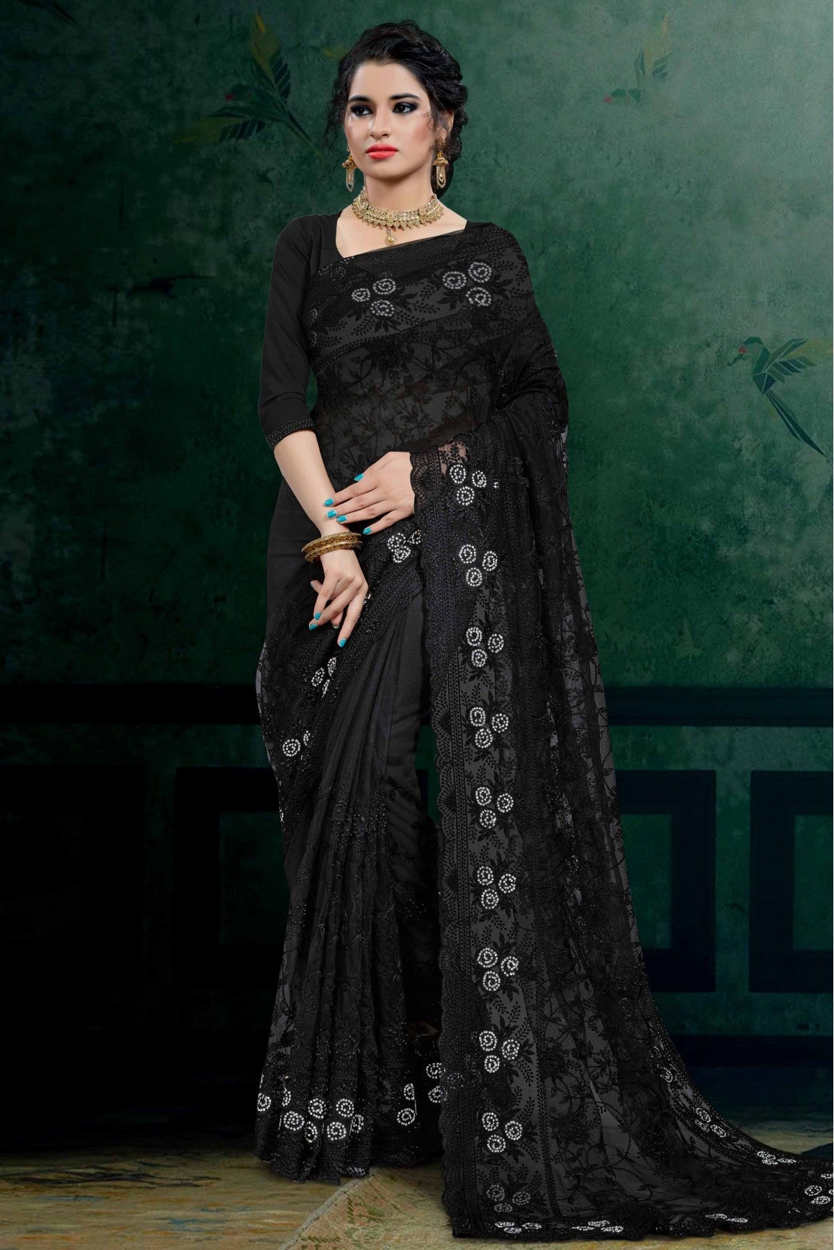 Black Colour Net Embroidery Saree VSSD1090104