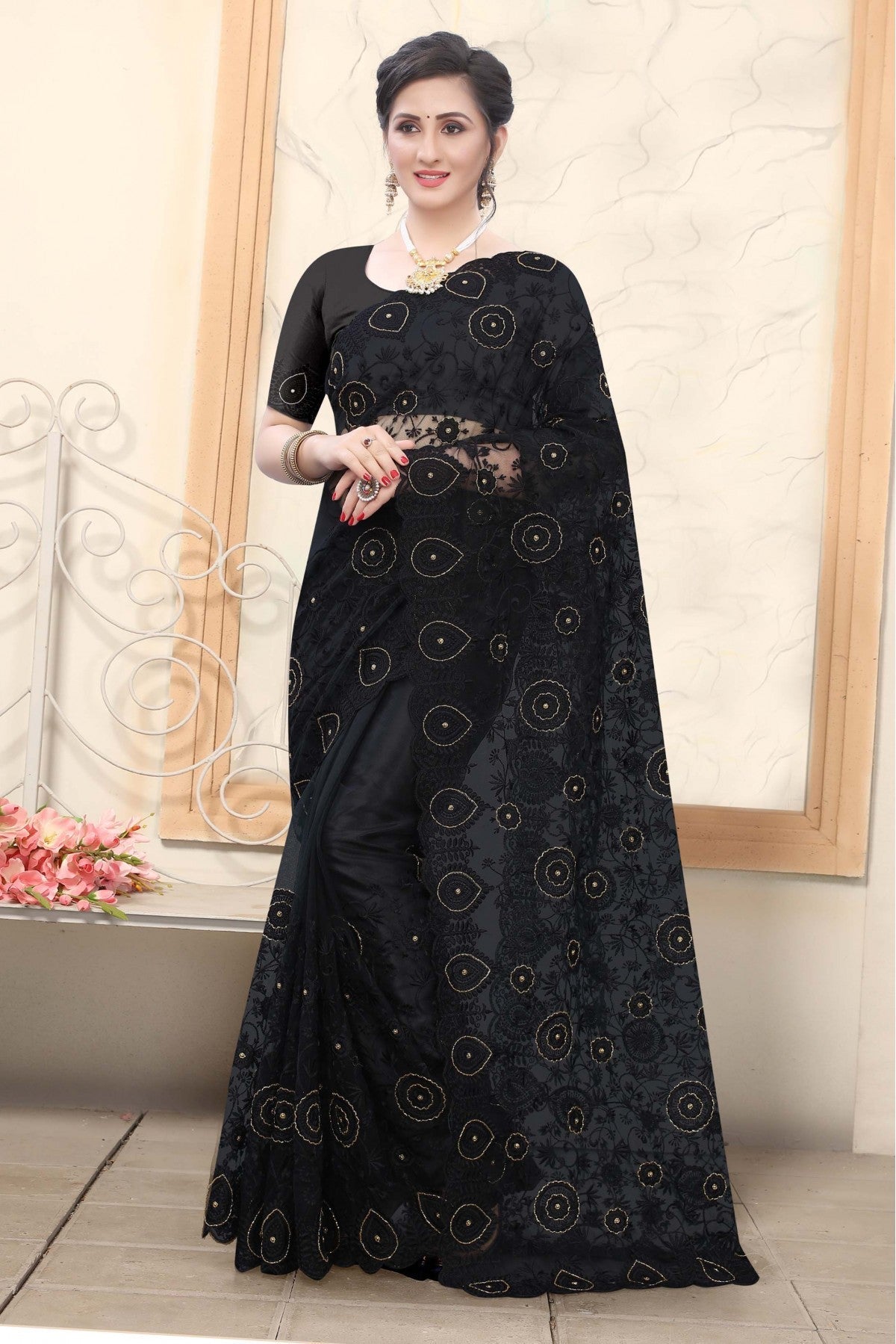 Black Colour Net Embroidery Saree VSSD1090157