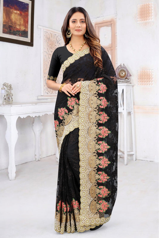 Black Colour Net Embroidery Saree