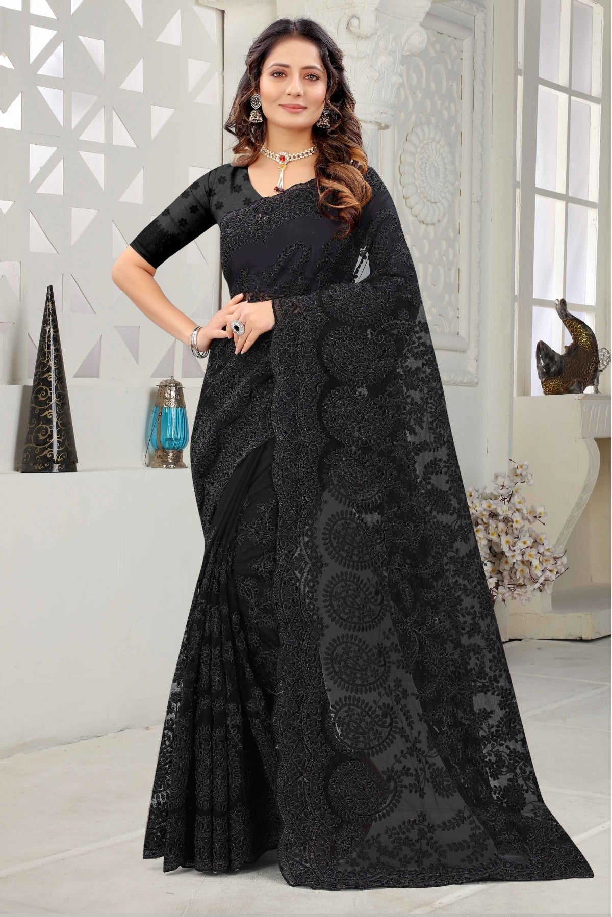 Black Colour Net Embroidery Saree