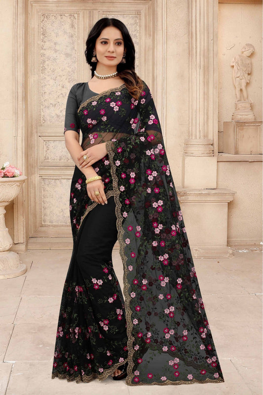 Black Colour Net Embroidery Saree