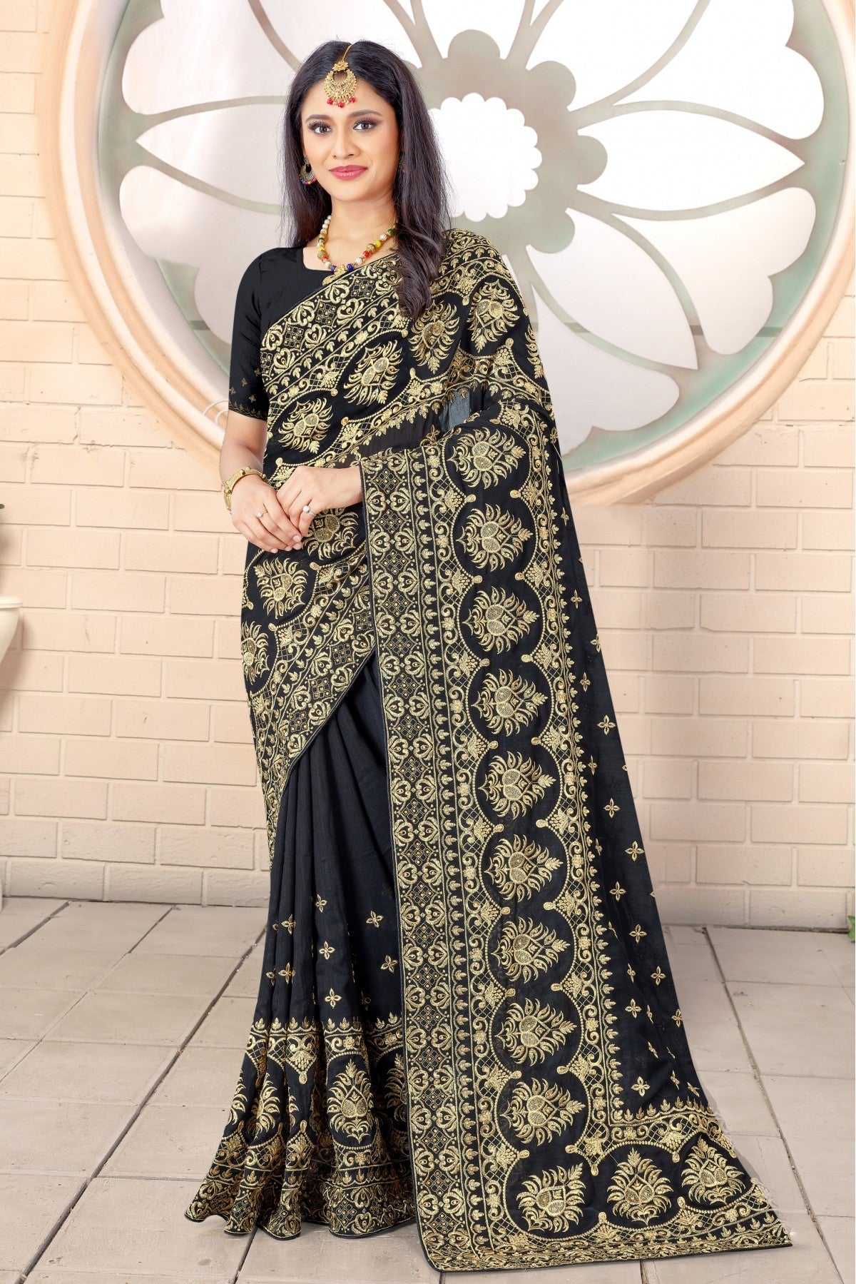 Black Colour Net Embroidery Saree