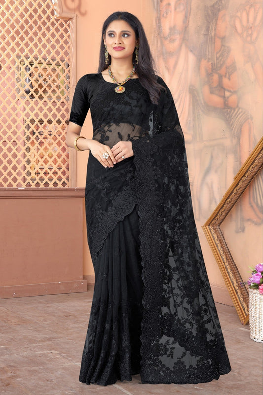 Black Colour Net Embroidery Saree