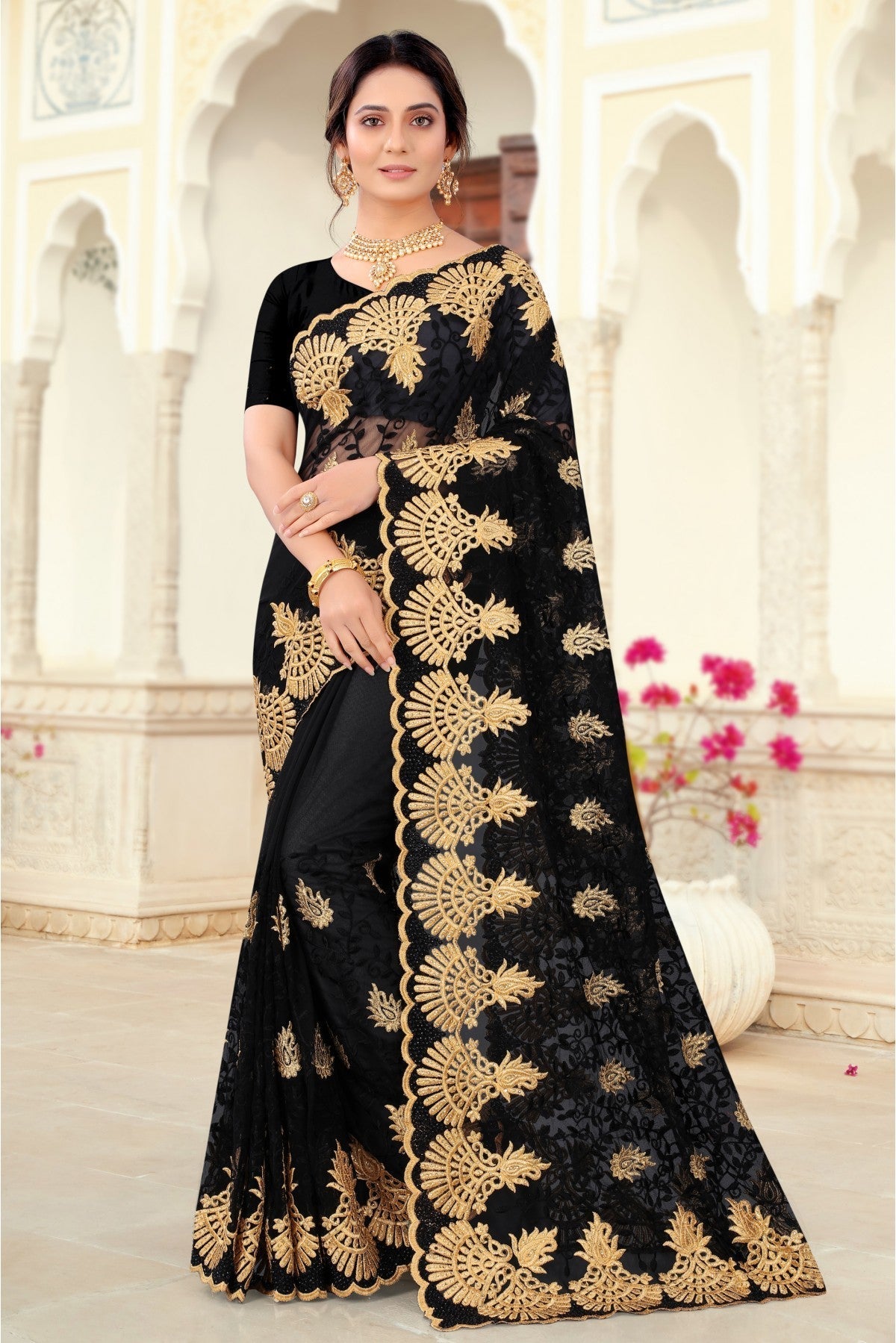 Black Colour Net Embroidery Saree