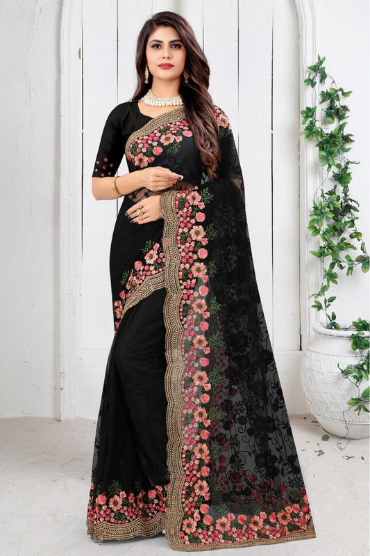 Black Colour Net Embroidery Saree