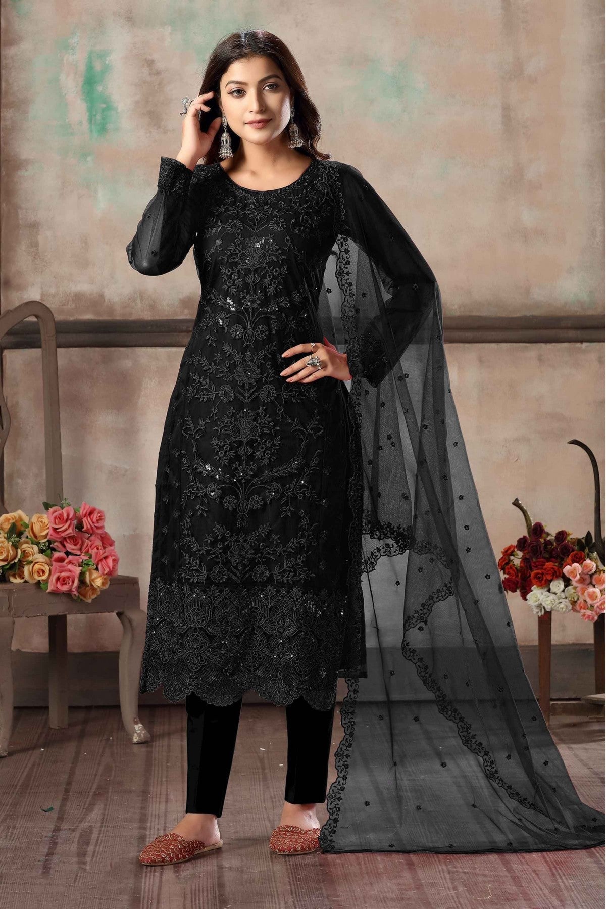 Black Colour Net Pant Style Suit