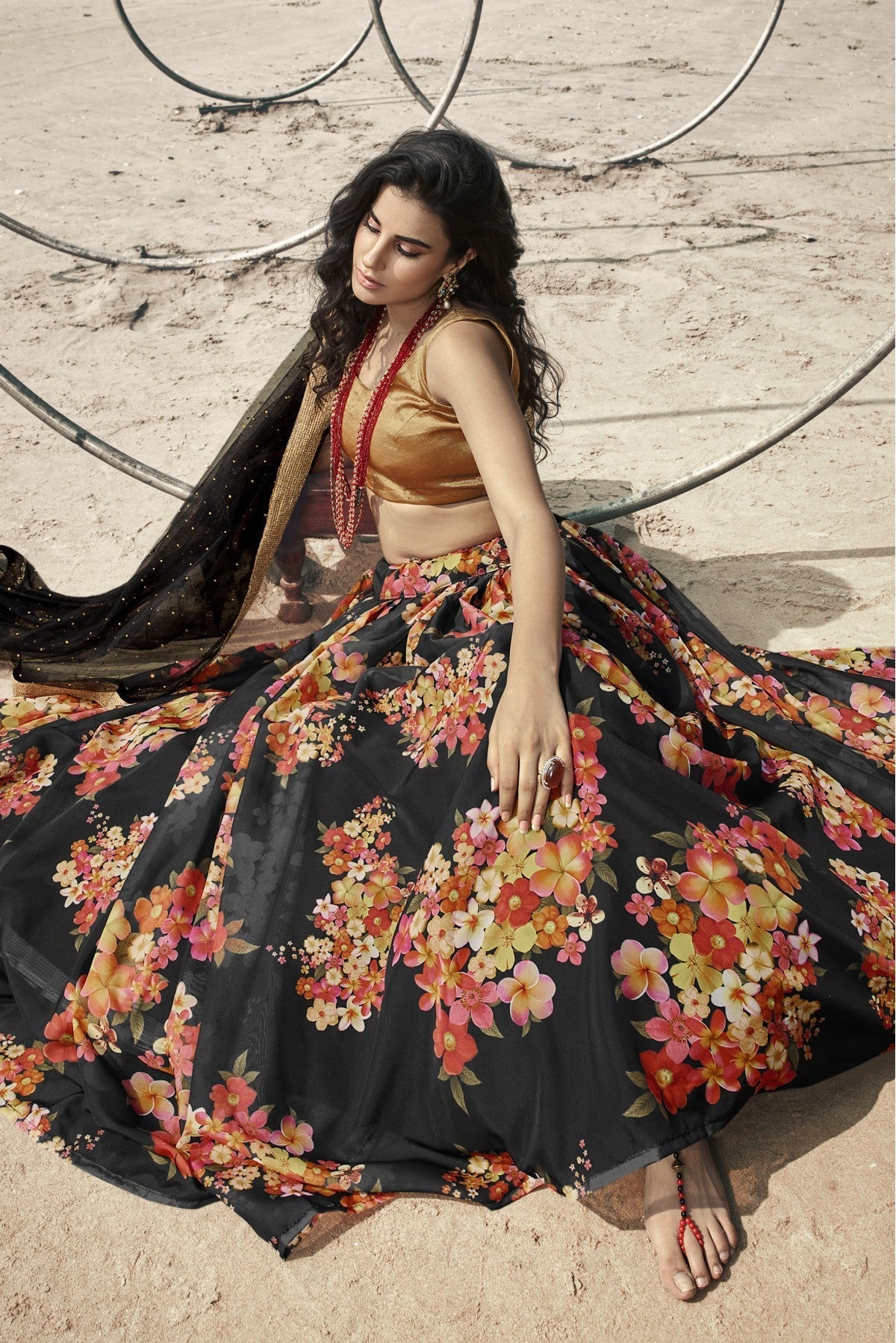 Black Colour Organza Printed Lehenga Choli