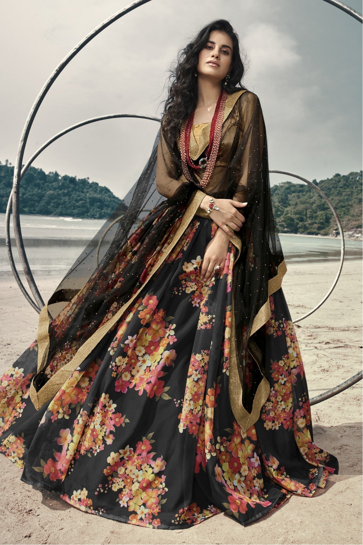 Black Colour Organza Printed Lehenga Choli