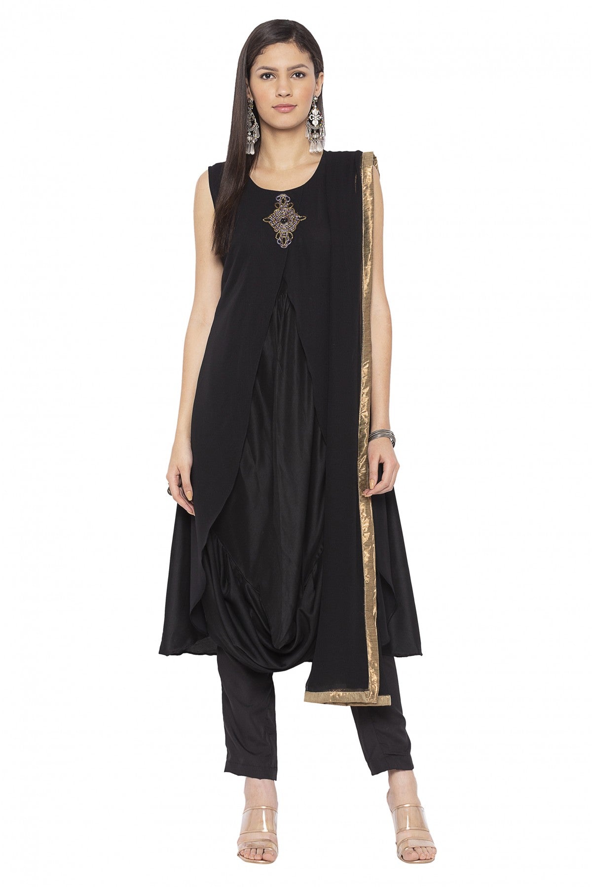 Black Colour Plus Size Muslin Embroidery Churidar Suit