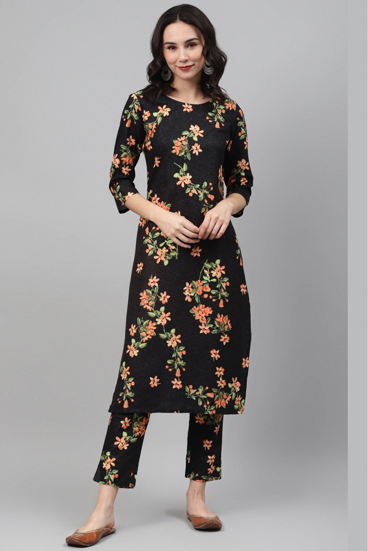 Black Colour Plus Size Rayon Foil Print Kurti With Pant Set