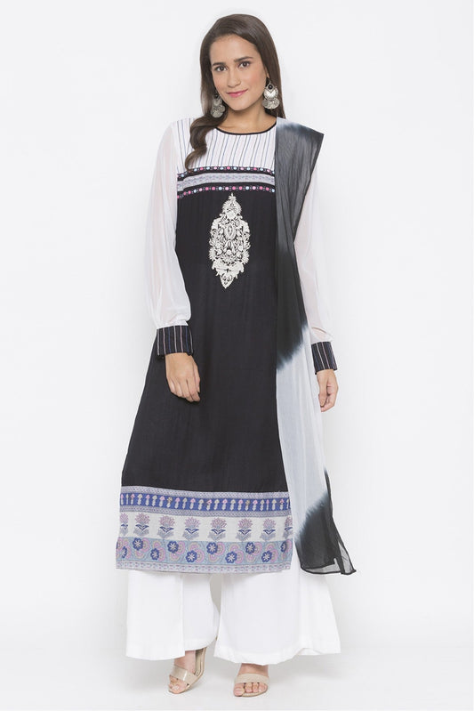 Black Colour Plus Size Stitched Cotton Embroidery Palazzo Pant Suit