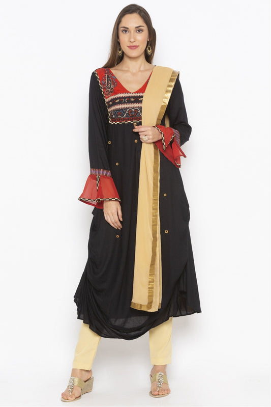 Black Colour Plus Size Stitched Cotton Embroidery Pant Style Suit