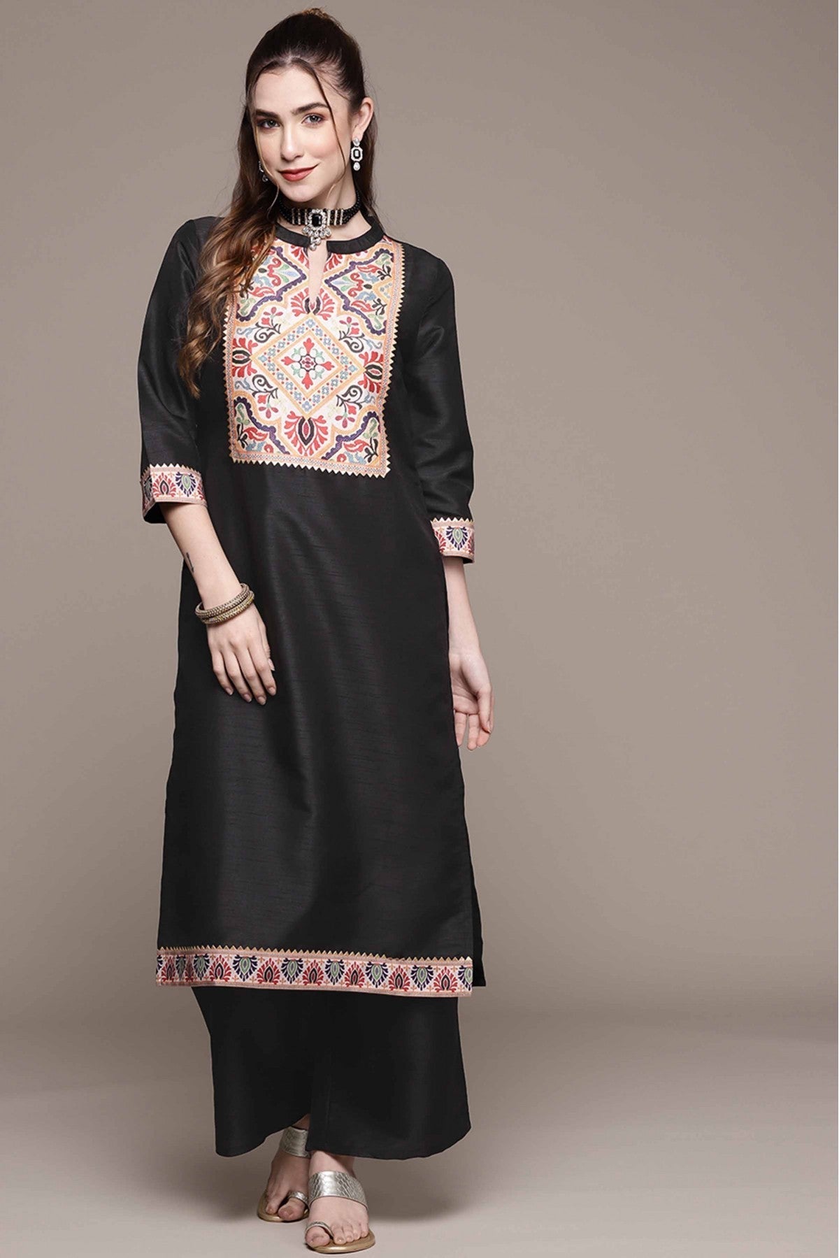 Black Colour Poly Silk Printed Kurta With Palazzo