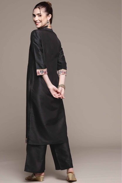 Black Colour Poly Silk Printed Kurta With Palazzo