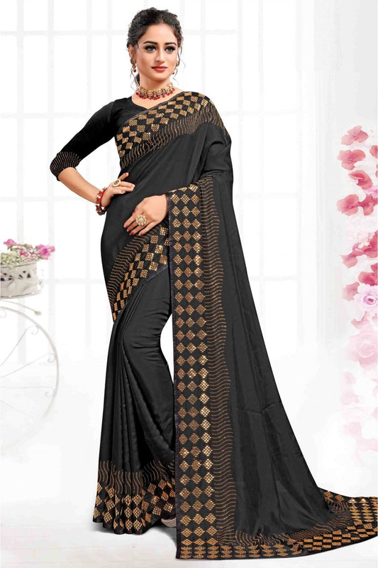 Black Colour Pure Satin Designer Saree