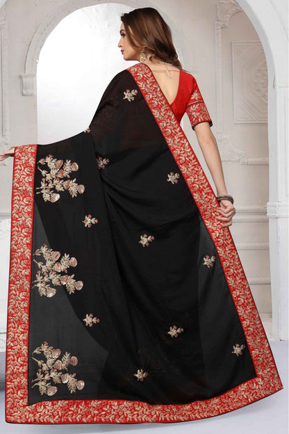 Black Colour Pure Satin Designer Saree