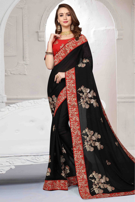 Black Colour Pure Satin Designer Saree