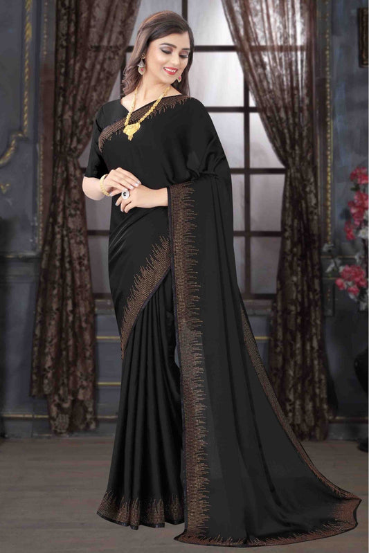 Black Colour Pure Satin Designer Saree