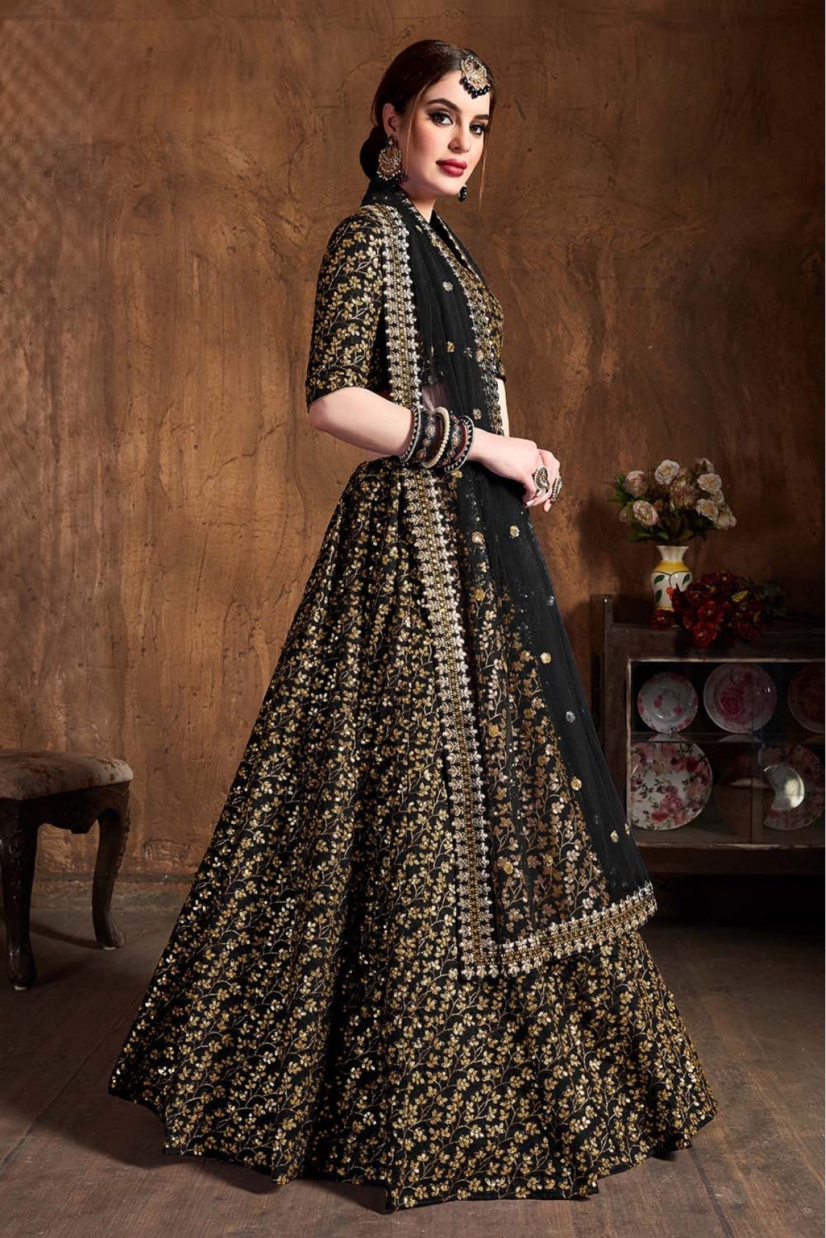 Black Colour Raw Silk Lehenga Choli